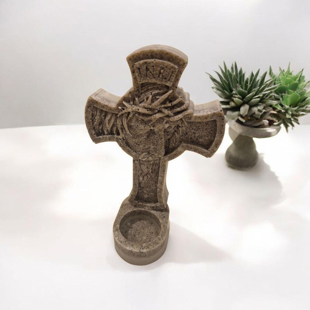 Religious candle holder, hand-made using cast stone technology