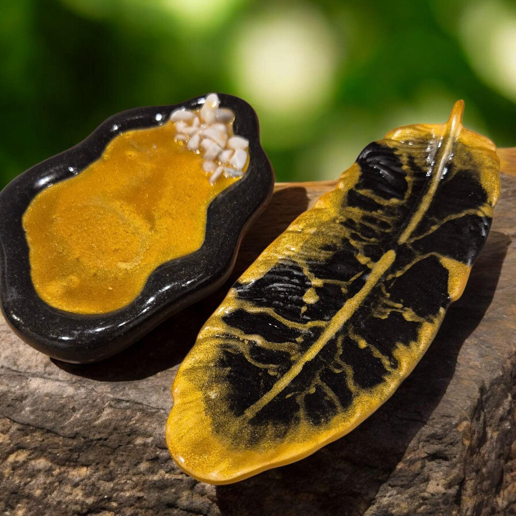 Handcrafted Marble Stone Tray Set, Gold Glass Jewelry Holder