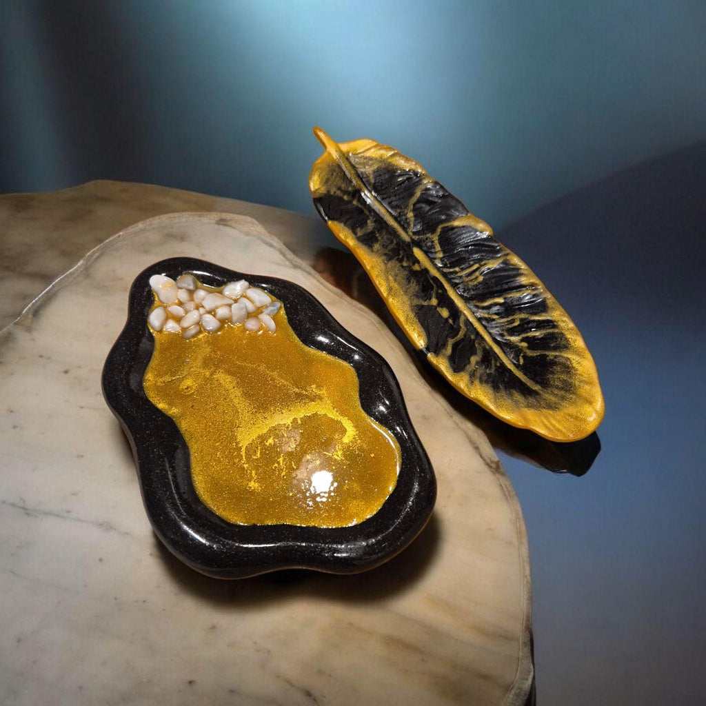 Handcrafted Marble Stone Tray Set, Gold Glass Jewelry Holder