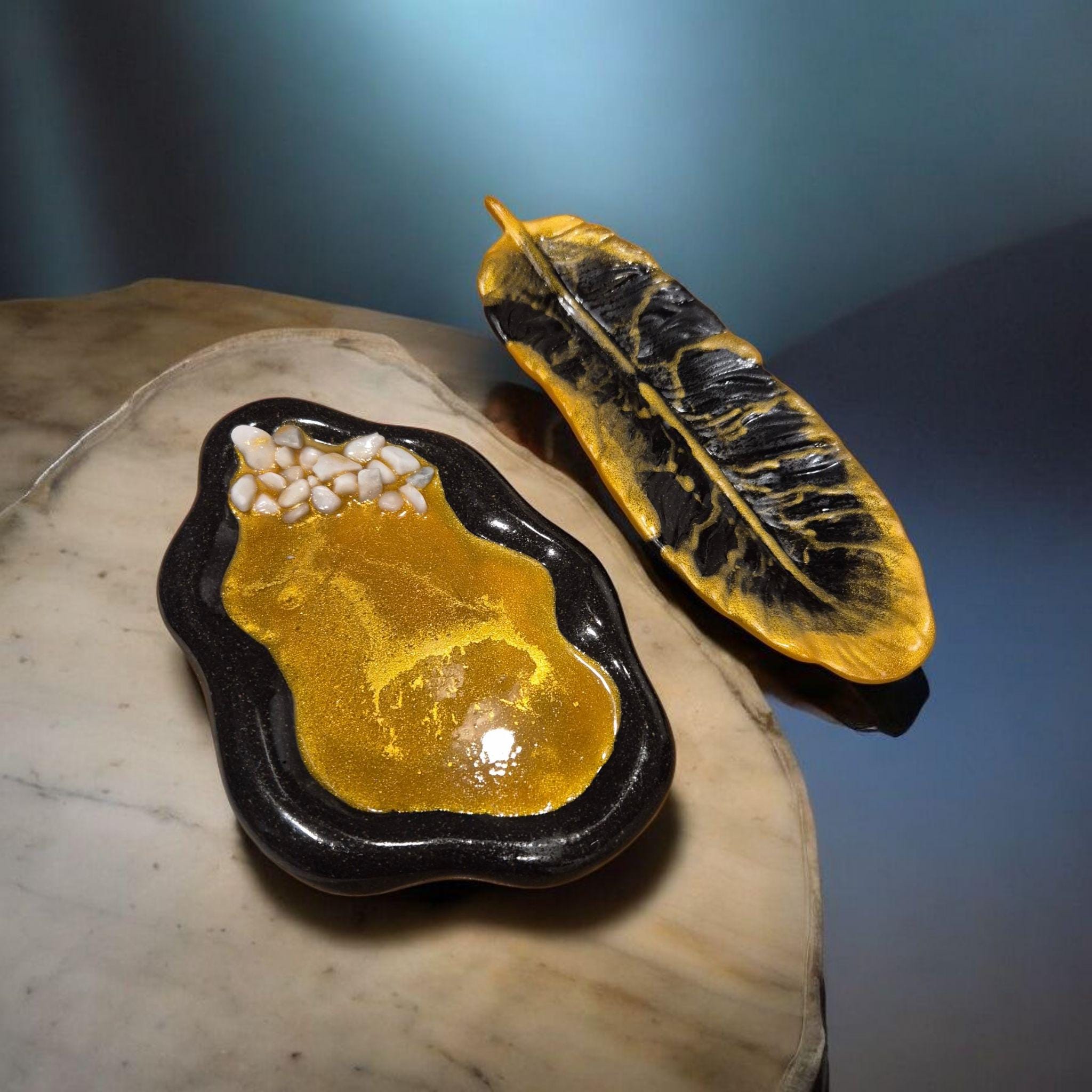 Handcrafted Marble Stone Tray Set, Gold Glass Jewelry Holder