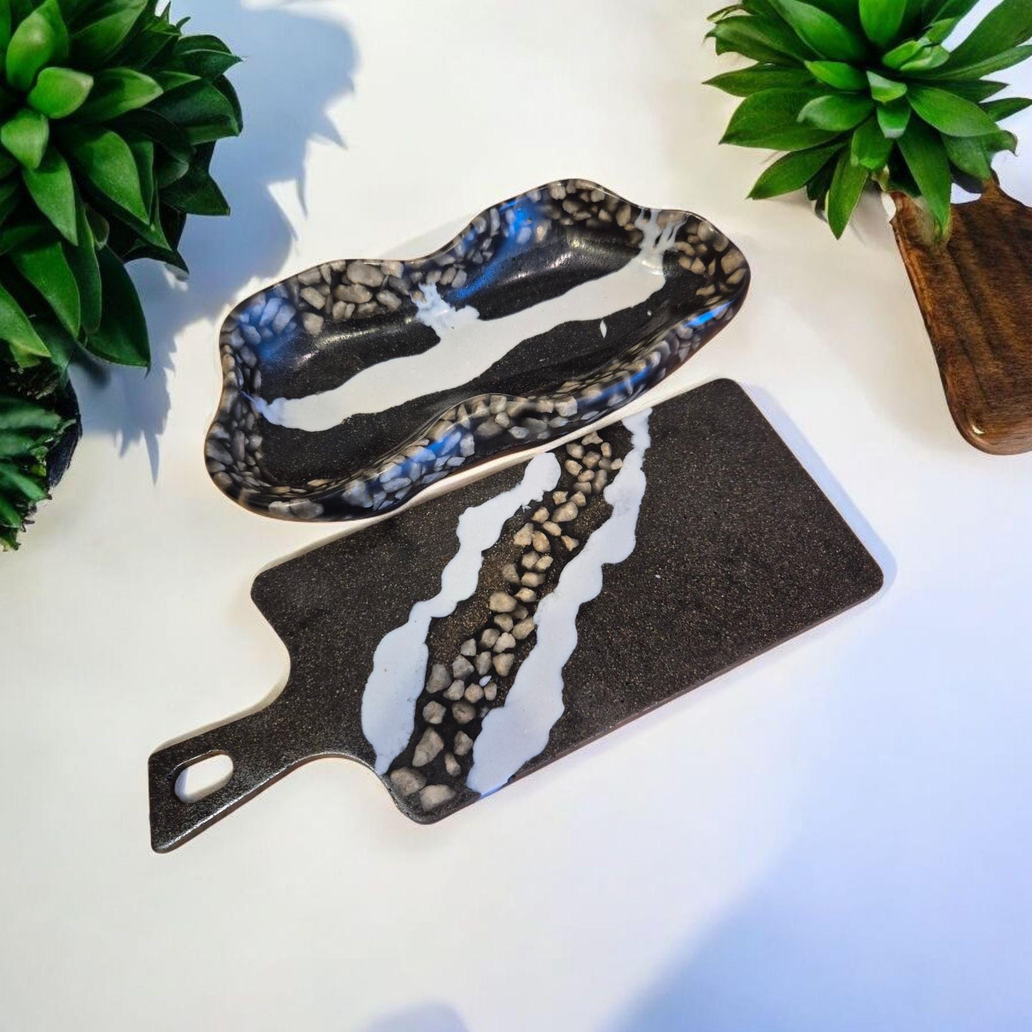 Handmade Marble Chip Tray and Cutting Board Set