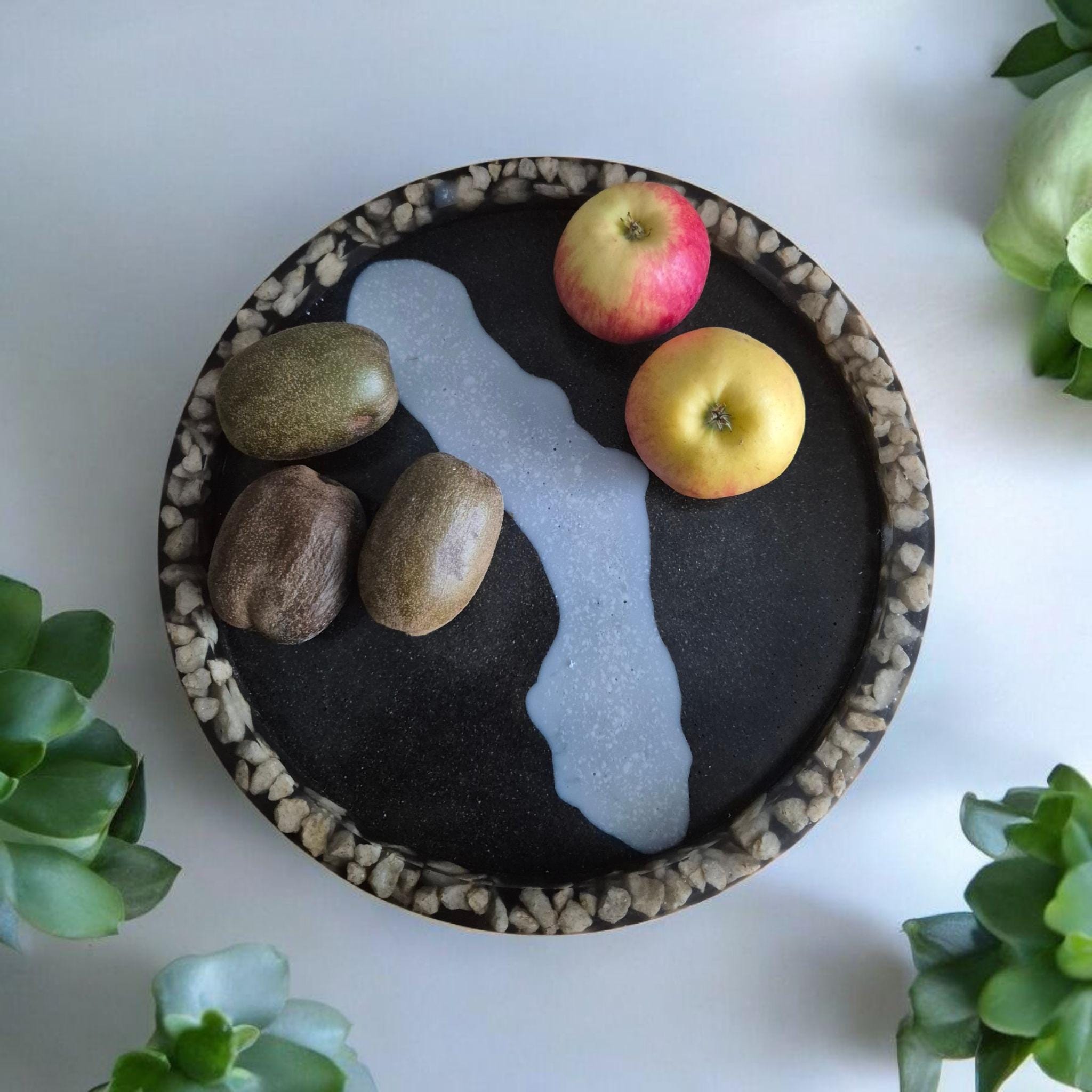 Handcrafted storage tray with marble chip inserts