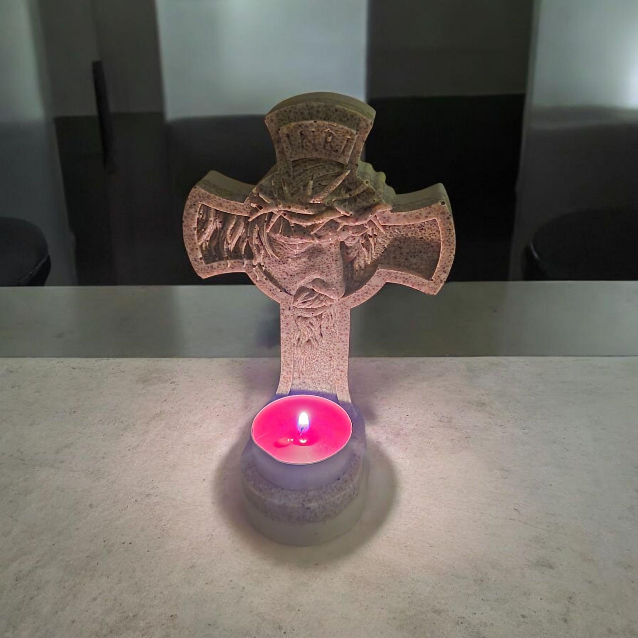 Religious candle holder, hand-made using cast stone technology