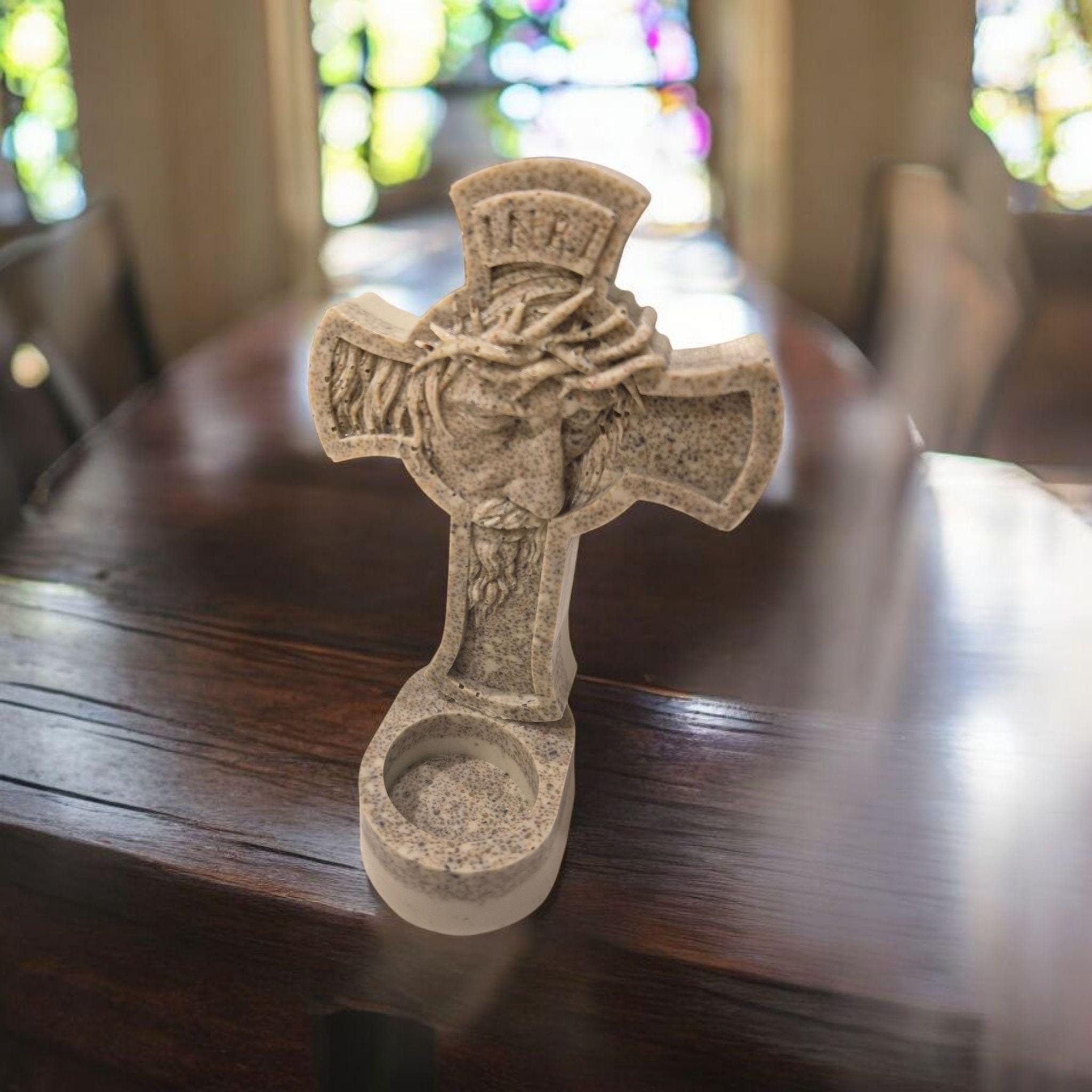 Religious candle holder, hand-made using cast stone technology