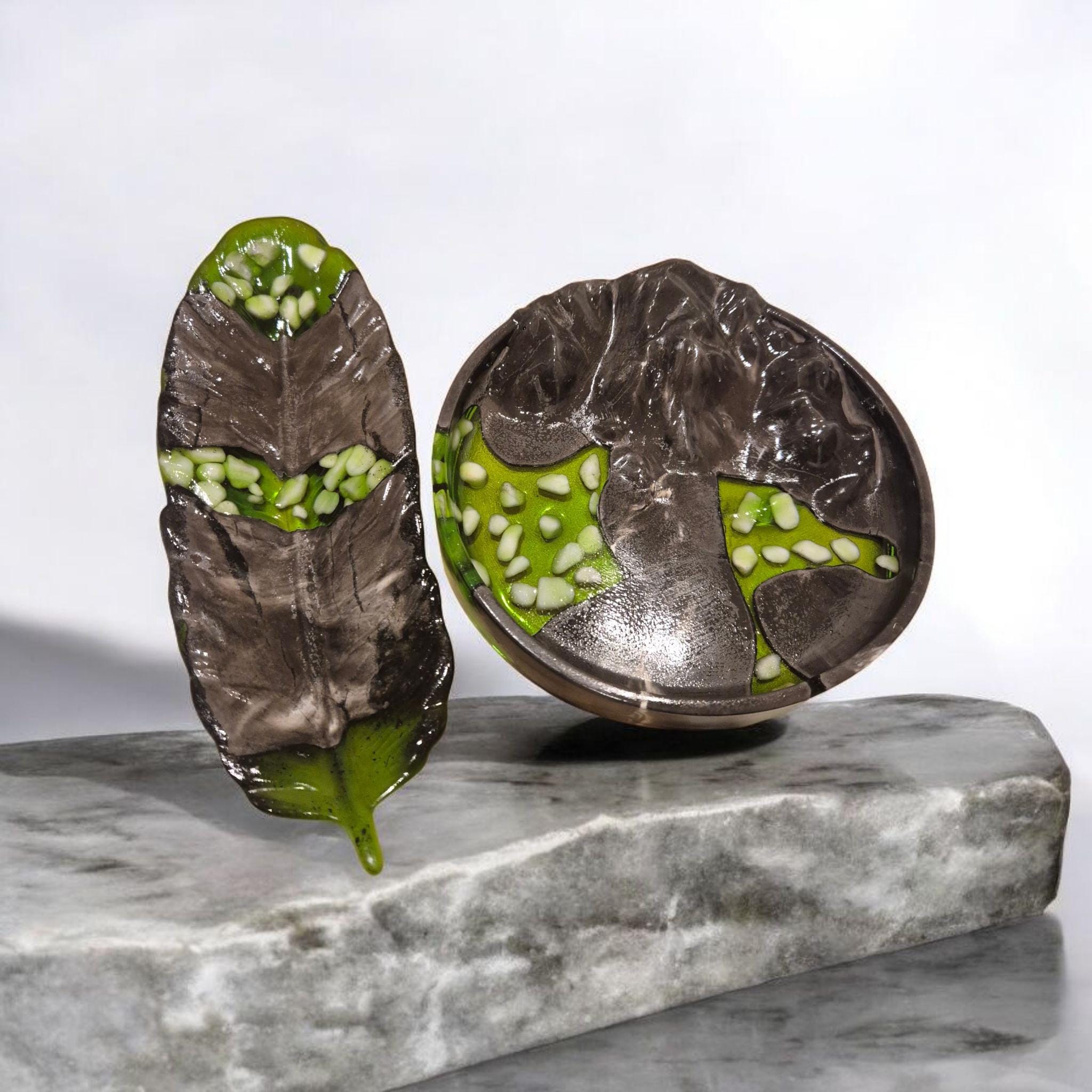 Handcrafted Marble Stone Tray Set, Gold Glass Jewelry Holder