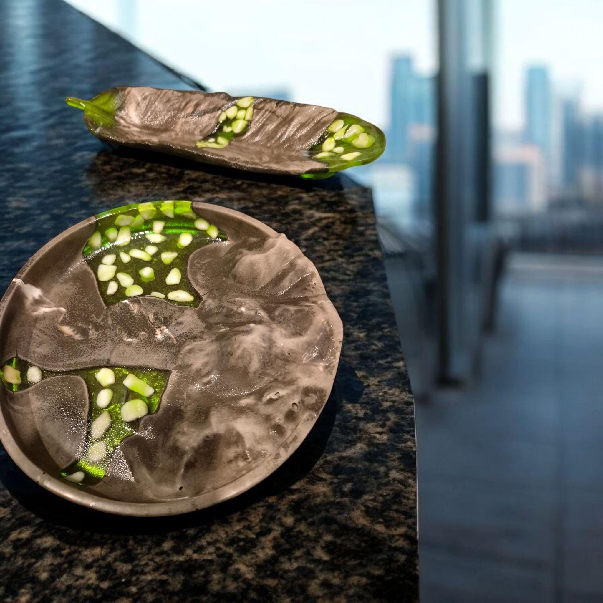 Handcrafted Marble Stone Tray Set, Gold Glass Jewelry Holder