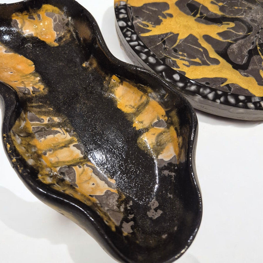 Handcrafted Marble Stone Tray Set, Gold Glass Jewelry Holder. Serving tray or coffee table decor. Unique gift.