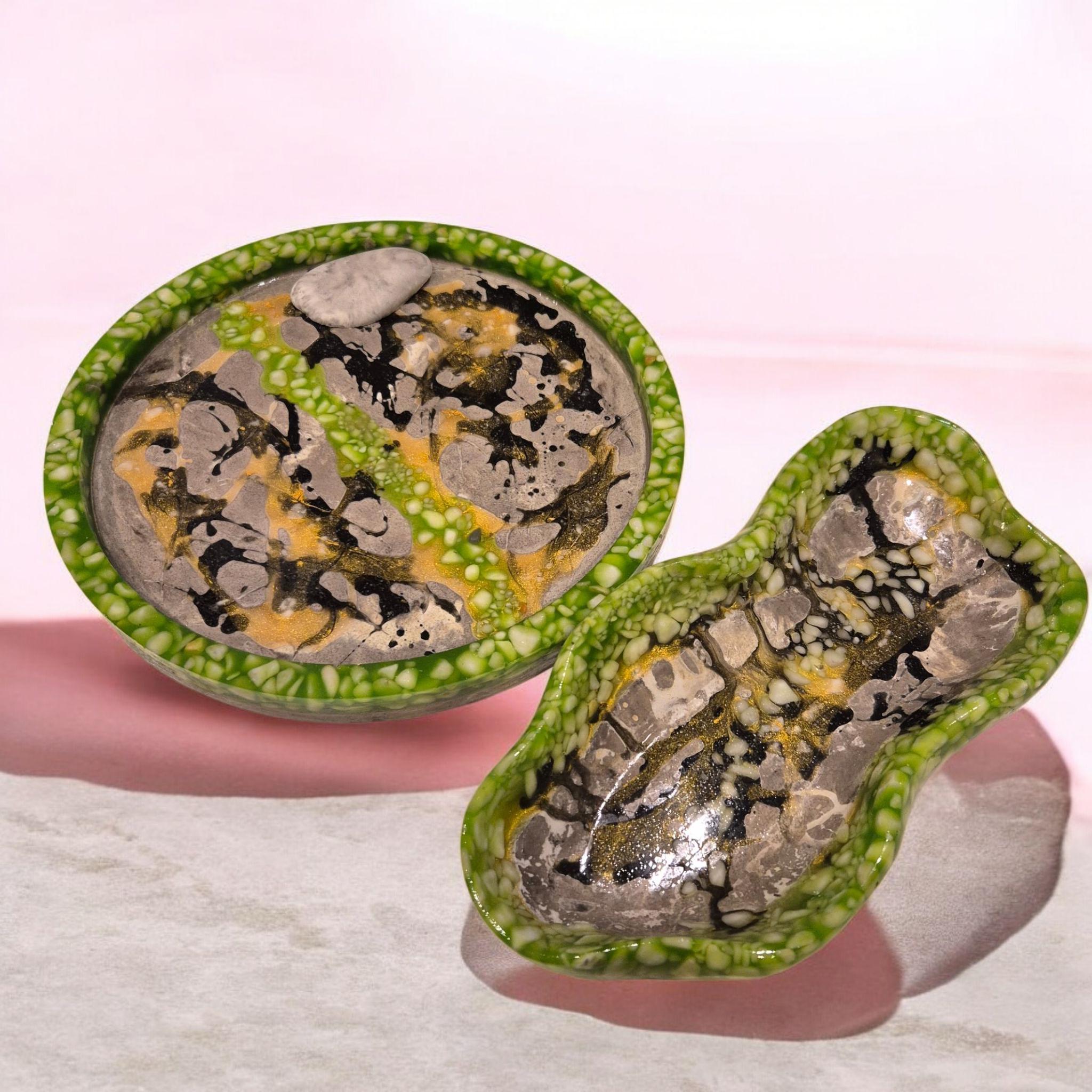 Handcrafted Marble Chip Resin Plate (30 cm) & Organic-Shaped Bowl 24x15 cm) - Unique Art Decor Set.