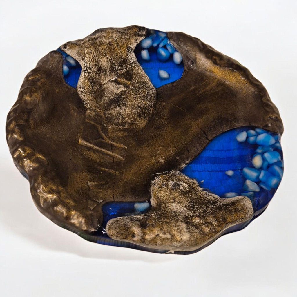 Handcrafted Decorative Resin & Marble Powder Tray Set - 36 cm Round Art Tray with Wooden Leaf Bowl | Blue Stone Chips | Unique Home Decor
