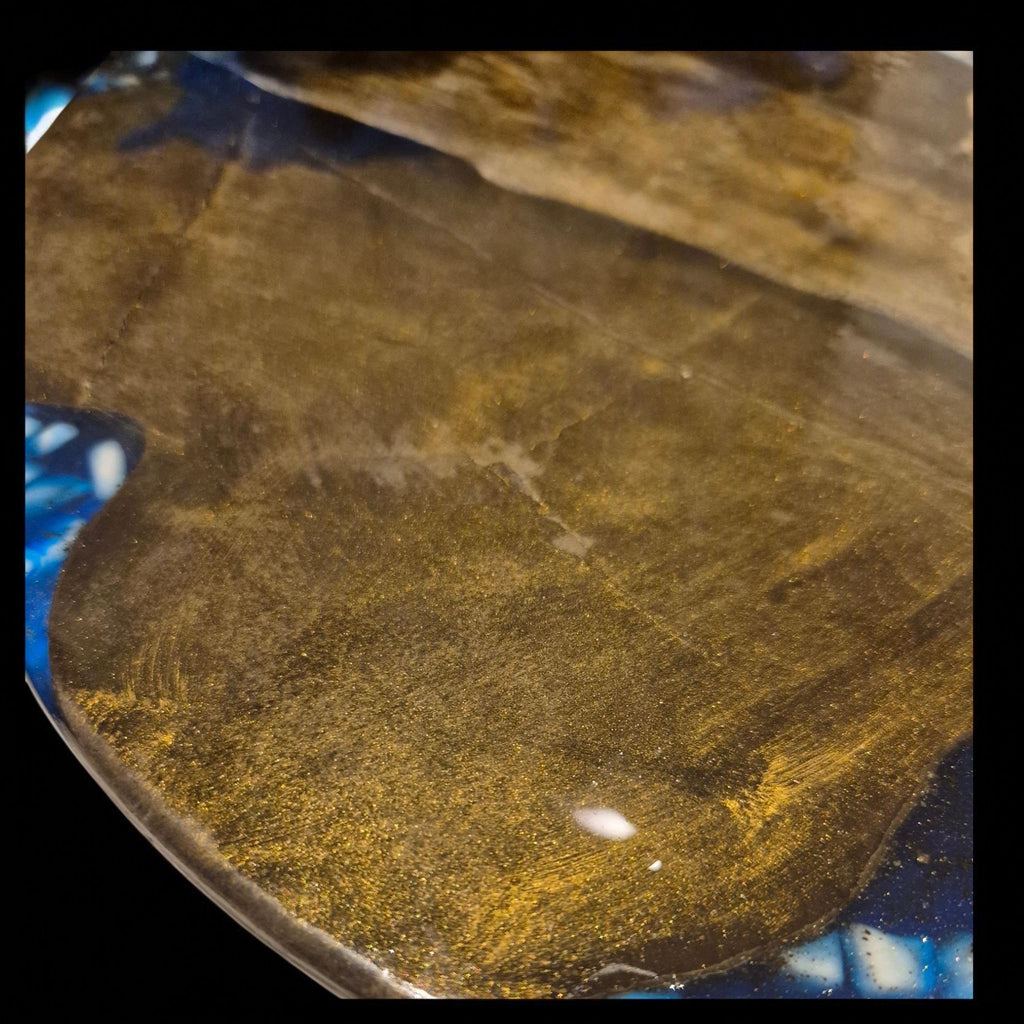 Handcrafted Decorative Resin & Marble Powder Tray Set - 36 cm Round Art Tray with Wooden Leaf Bowl | Blue Stone Chips | Unique Home Decor