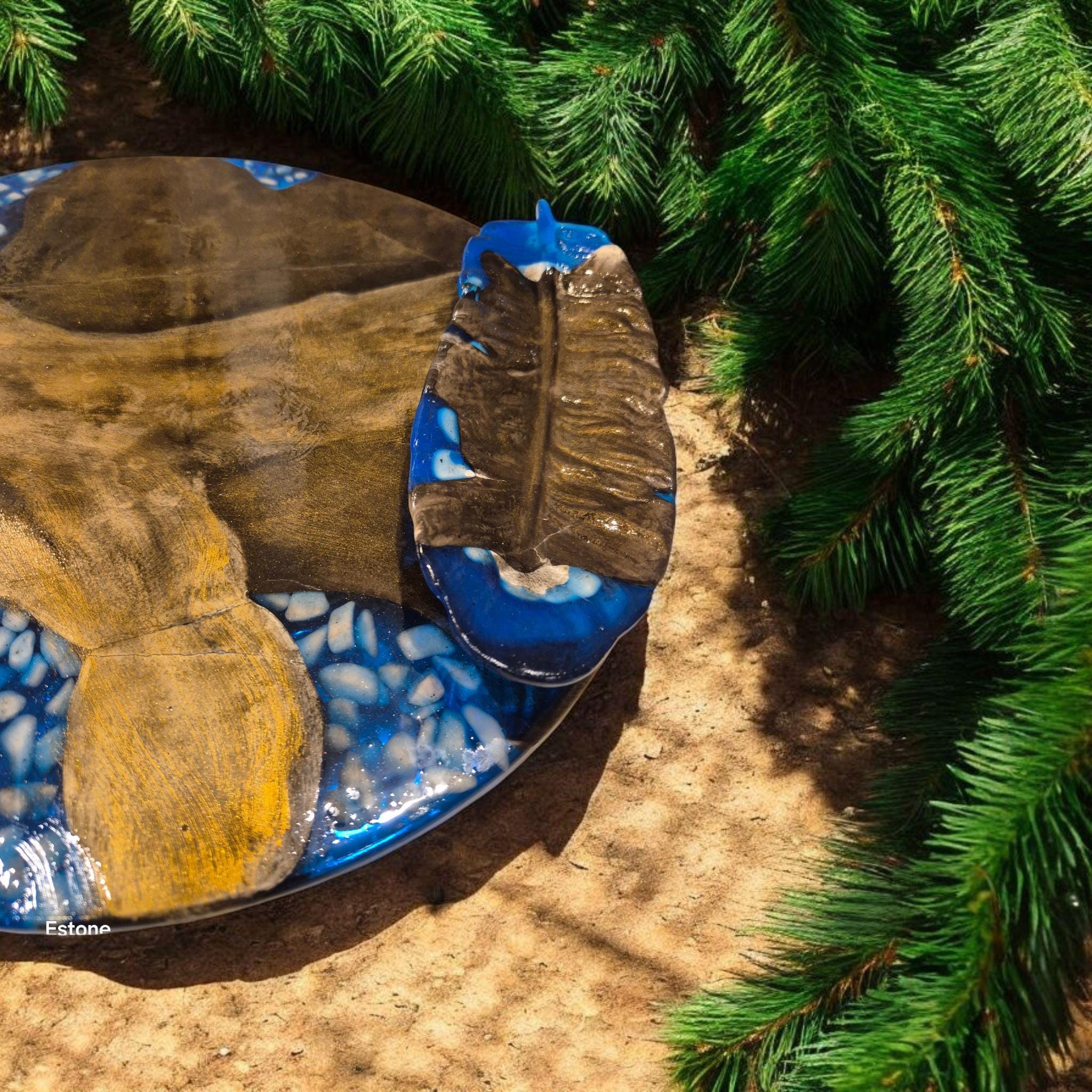 Handcrafted Decorative Resin & Marble Powder Tray Set - 36 cm Round Art Tray with Wooden Leaf Bowl | Blue Stone Chips | Unique Home Decor