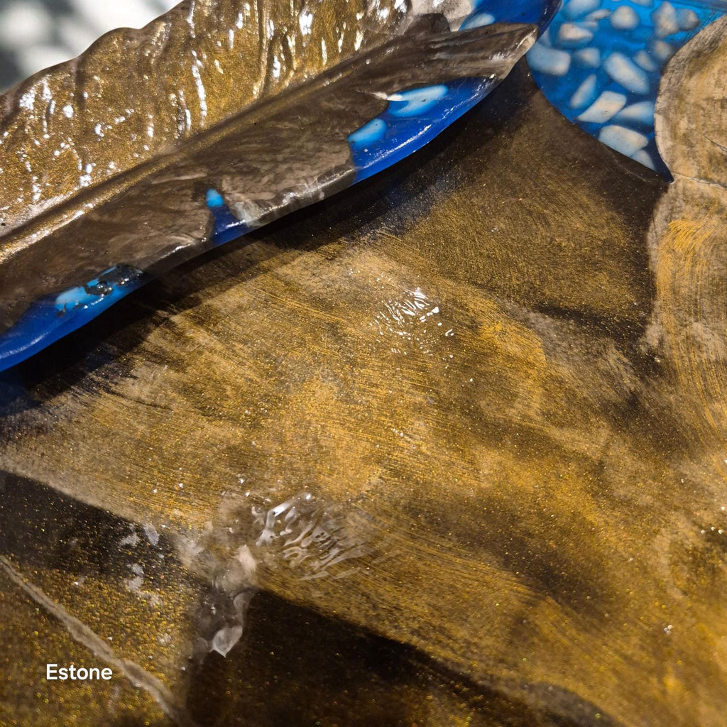 Handcrafted Decorative Resin & Marble Powder Tray Set - 36 cm Round Art Tray with Wooden Leaf Bowl | Blue Stone Chips | Unique Home Decor