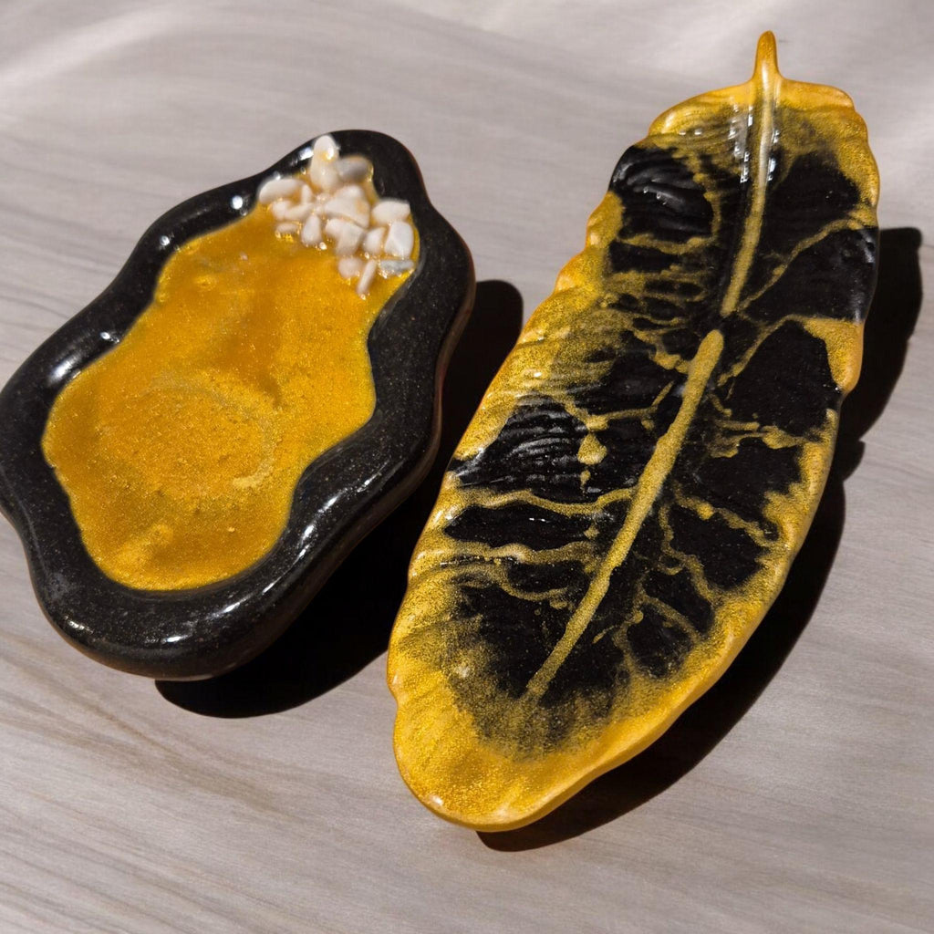 Handcrafted Marble Stone Tray Set, Gold Glass Jewelry Holder