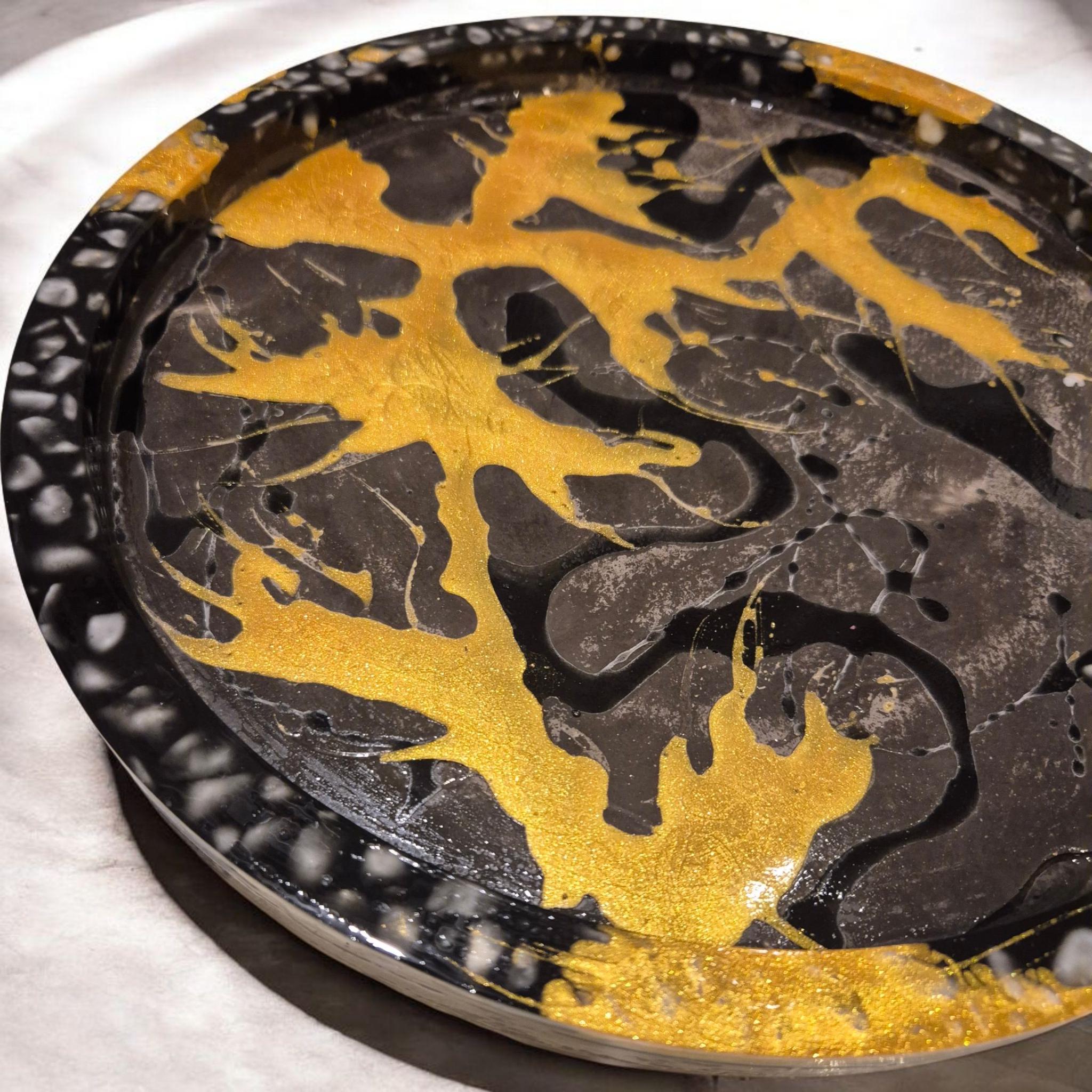 Handcrafted Marble Stone Tray Set, Gold Glass Jewelry Holder. Serving tray or coffee table decor. Unique gift.