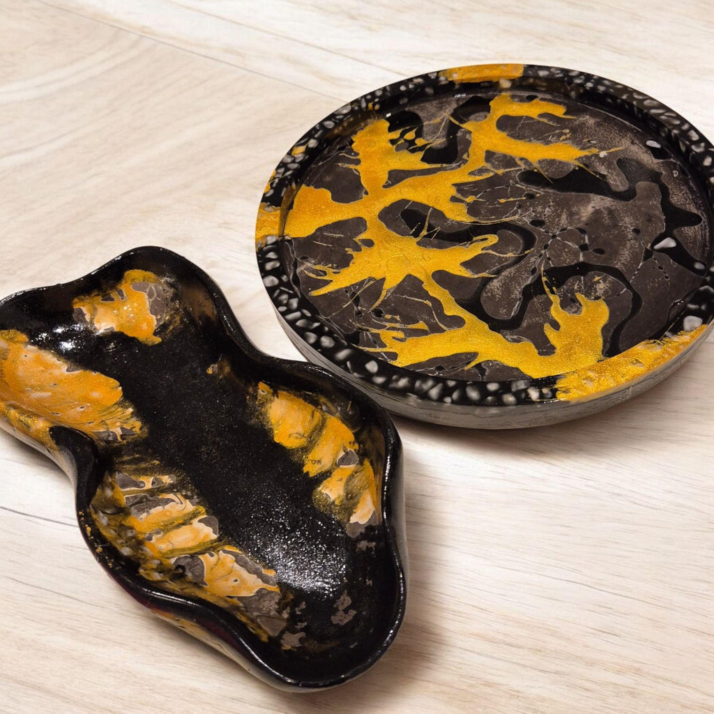 Handcrafted Marble Stone Tray Set, Gold Glass Jewelry Holder. Serving tray or coffee table decor. Unique gift.