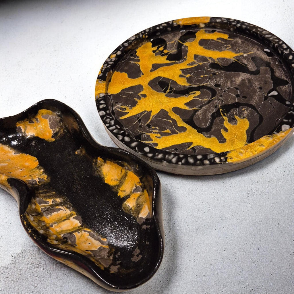 Handcrafted Marble Stone Tray Set, Gold Glass Jewelry Holder. Serving tray or coffee table decor. Unique gift.