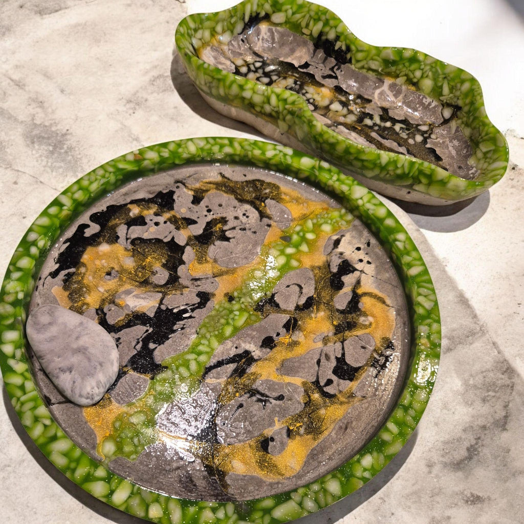 Handcrafted Marble Chip Resin Plate (30 cm) & Organic-Shaped Bowl 24x15 cm) - Unique Art Decor Set.