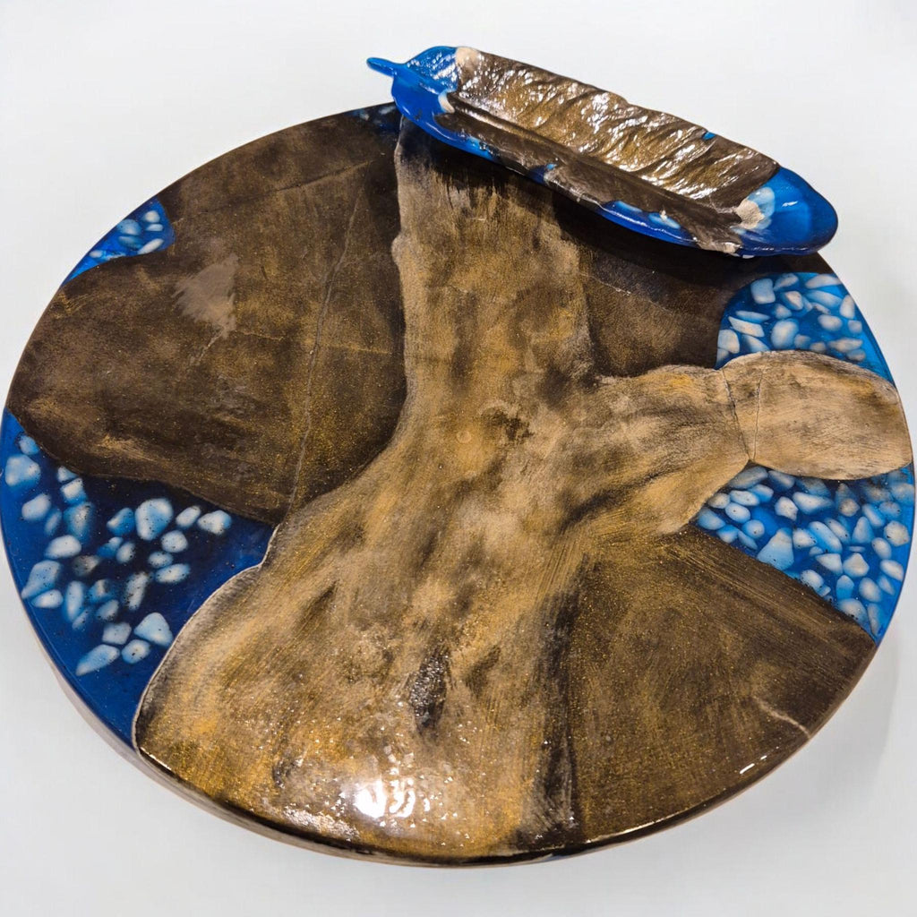 Handcrafted Decorative Resin & Marble Powder Tray Set - 36 cm Round Art Tray with Wooden Leaf Bowl | Blue Stone Chips | Unique Home Decor