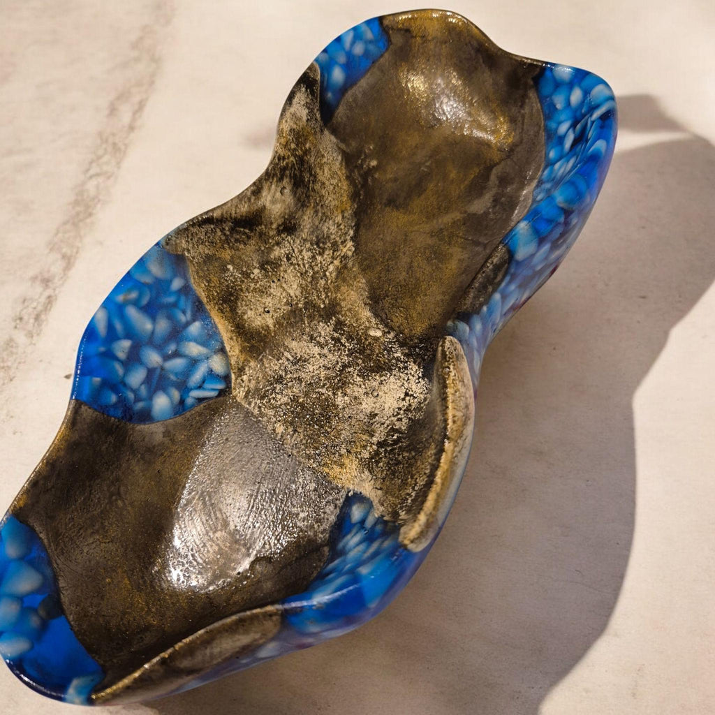 Handcrafted Decorative Resin & Marble Powder Tray Set - 36 cm Round Art Tray with Wooden Leaf Bowl | Blue Stone Chips | Unique Home Decor